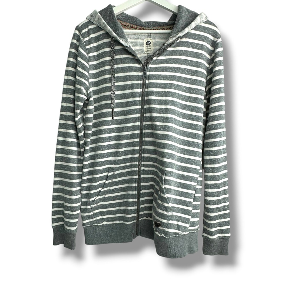 Roxy Womens Grey White Striped Full Zip Hoodie Sweatshirt XL ARJFT00352